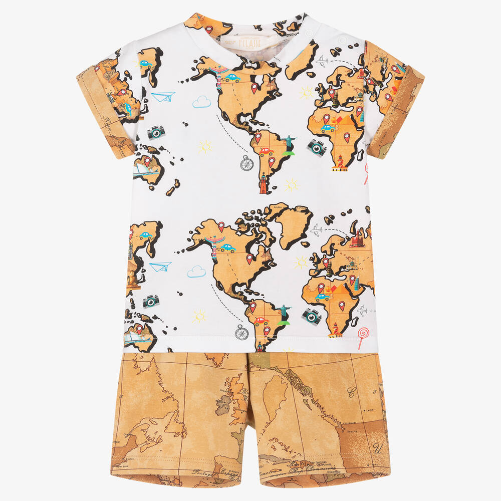 Alviero Martini - Белая рубашка и бежевые шорты с картой мира | Childrensalon