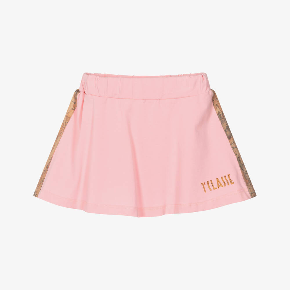 Alviero Martini-Baby Girls Pink Cotton Jersey Skirt with Geo Map Trim | Childrensalon Outlet