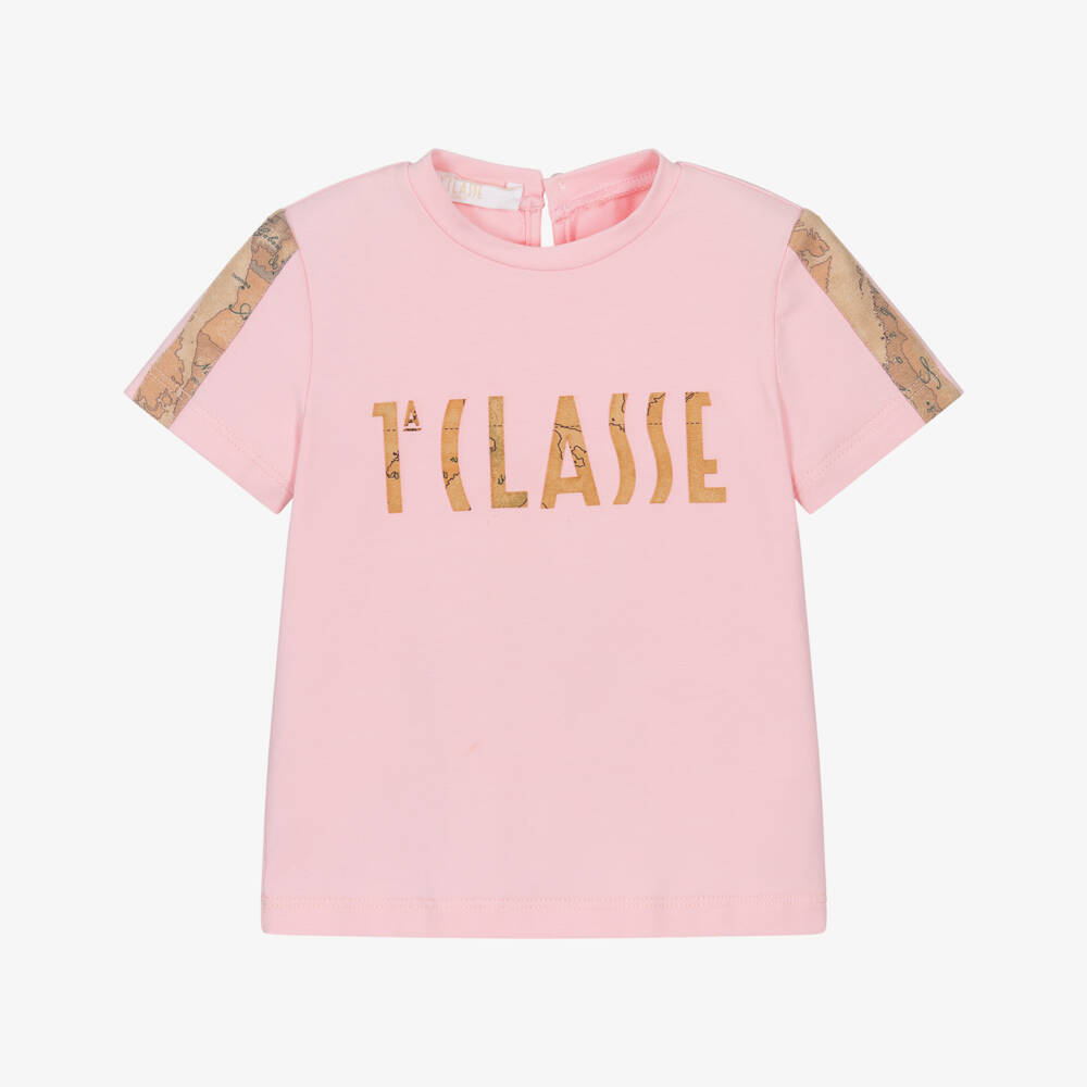 Alviero Martini-Baby Girls Pink Cotton T-Shirt with Geo Map Trim | Childrensalon Outlet