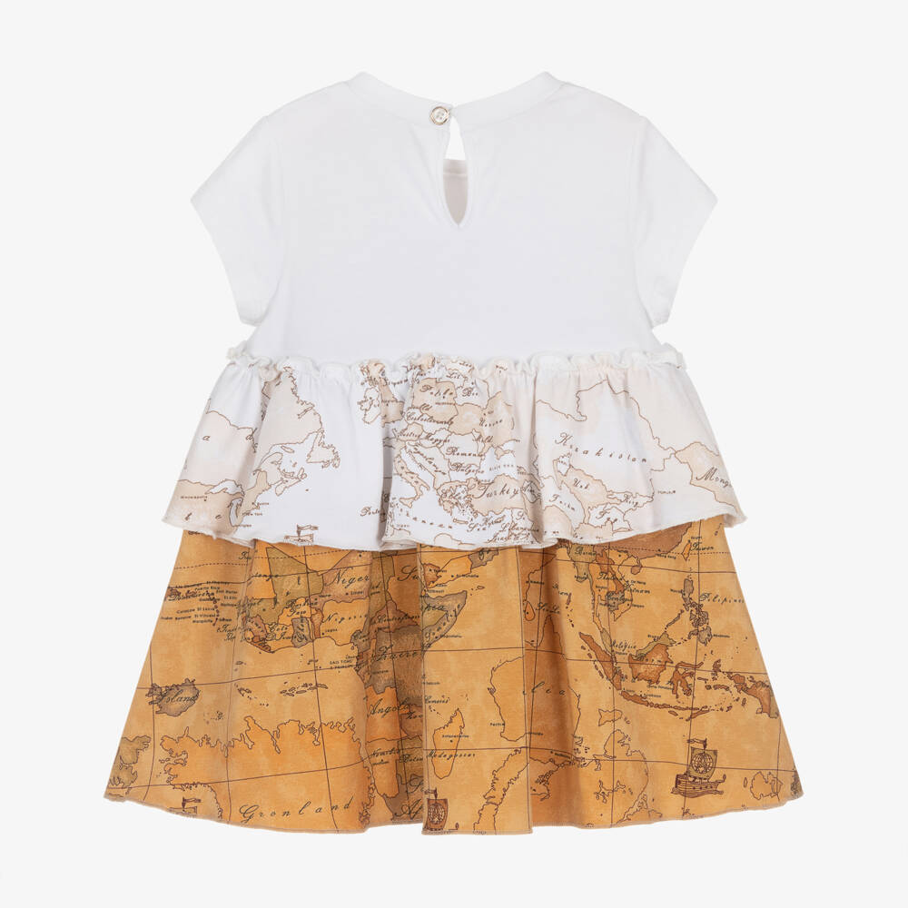 Alviero Martini-Baby Girls White & Beige Geo Map Cotton Jersey Dress | Childrensalon Outlet