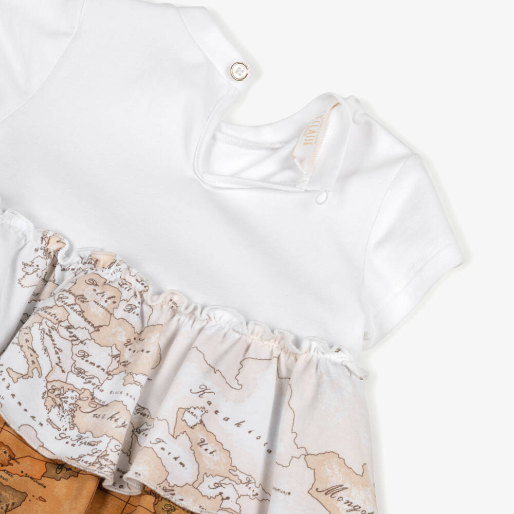 Alviero Martini-Baby Girls White & Beige Geo Map Cotton Jersey Dress | Childrensalon Outlet