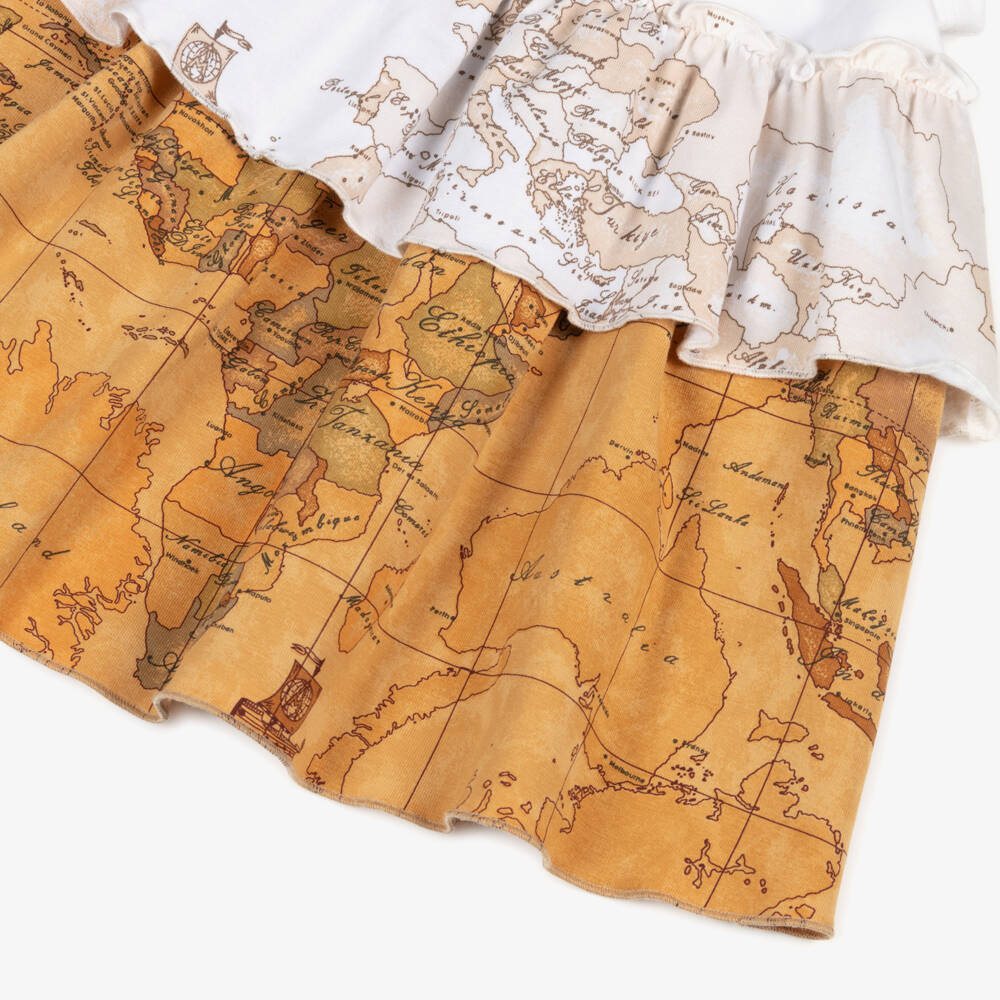 Alviero Martini-Baby Girls White & Beige Geo Map Cotton Jersey Dress | Childrensalon Outlet