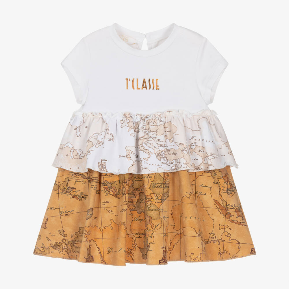 Alviero Martini-Baby Girls White & Beige Geo Map Cotton Jersey Dress | Childrensalon Outlet