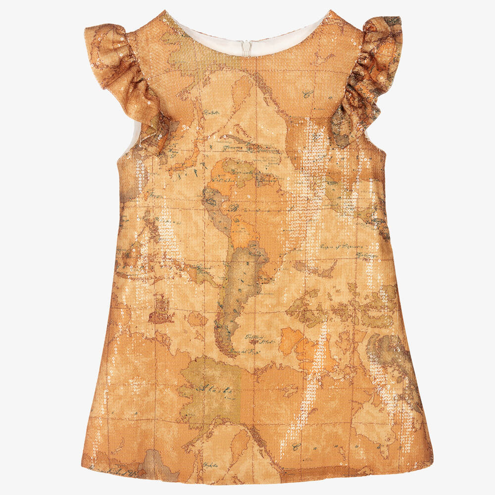 Alviero Martini - Бежевое платье с картой мира из пайеток | Childrensalon