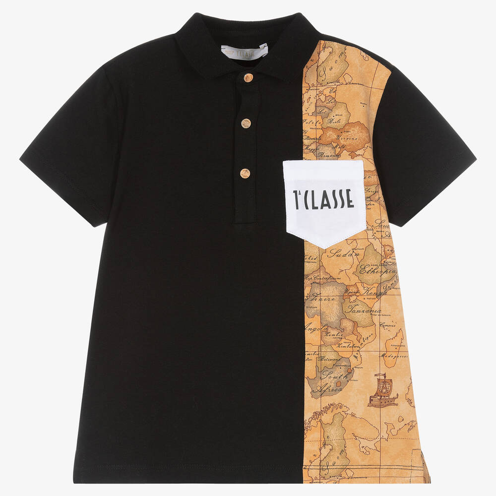 Alviero Martini - Black & Beige Cotton Geo Map Polo Shirt | Childrensalon
