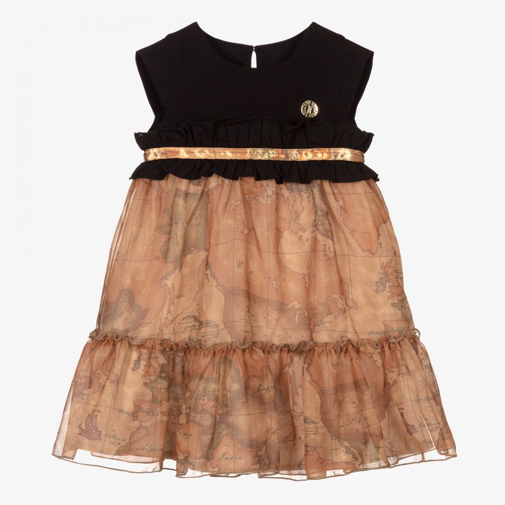 Alviero Martini-Черное шифоновое платье с картой мира | Childrensalon Outlet