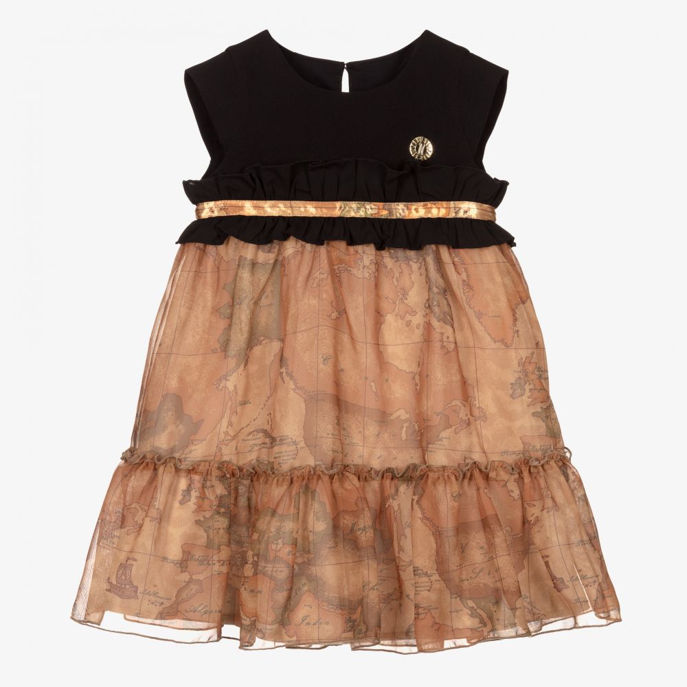 Alviero Martini - Schwarzes Chiffonkleid mit Landkarte  | Childrensalon