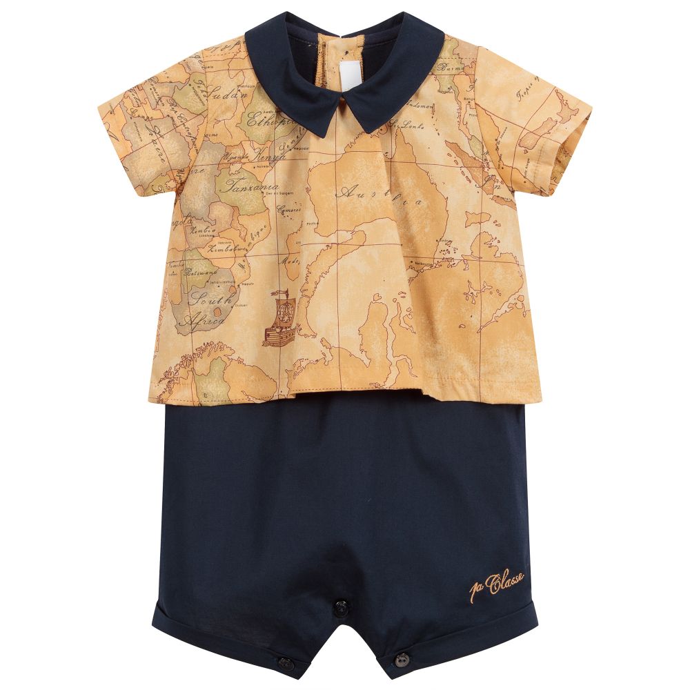 Alviero Martini - Geo-Karten-Kurzstrampler in Blau und Beige  | Childrensalon