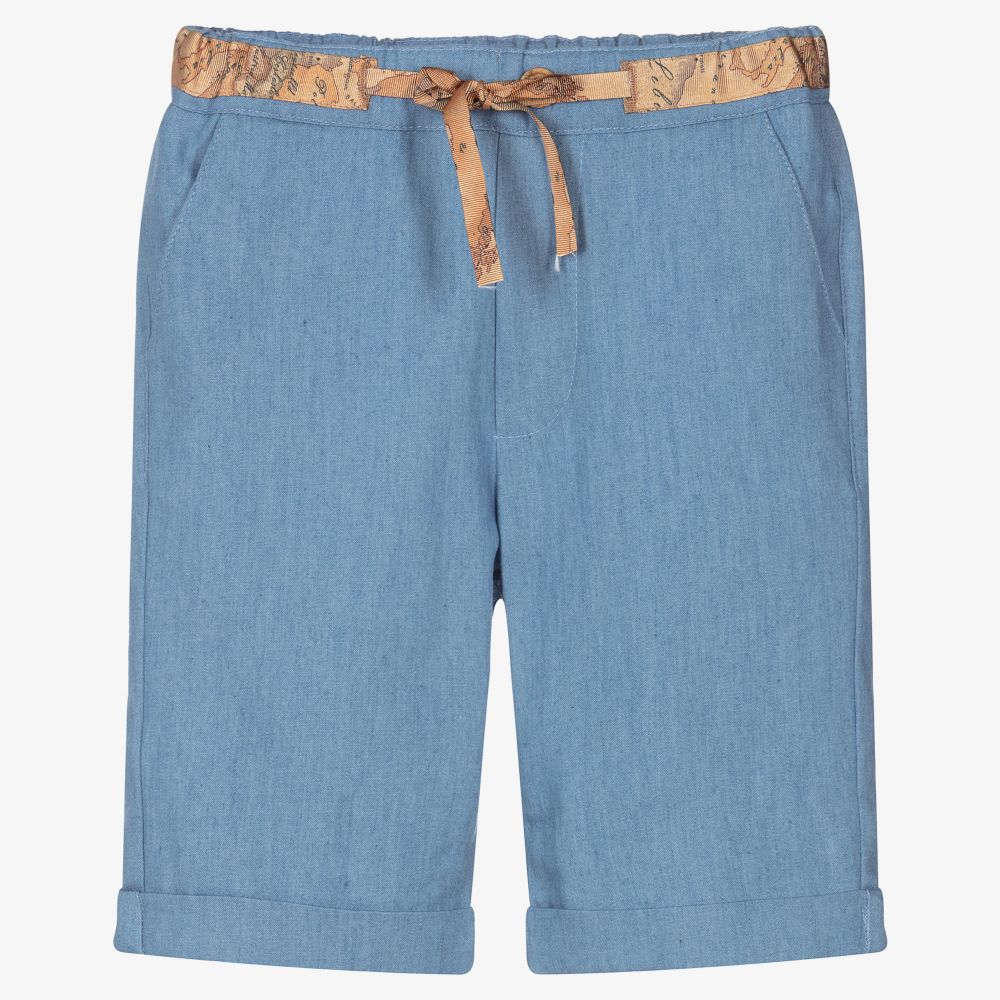 Alviero Martini - Blue Chambray Geo Map Shorts | Childrensalon