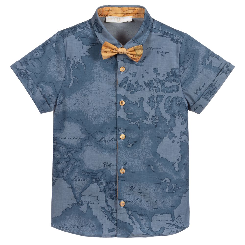 Alviero Martini - Синяя хлопковая рубашка с картой мира | Childrensalon