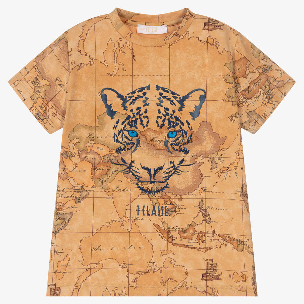 Alviero Martini - Бежевая хлопковая футболка с картой мира и тигром | Childrensalon
