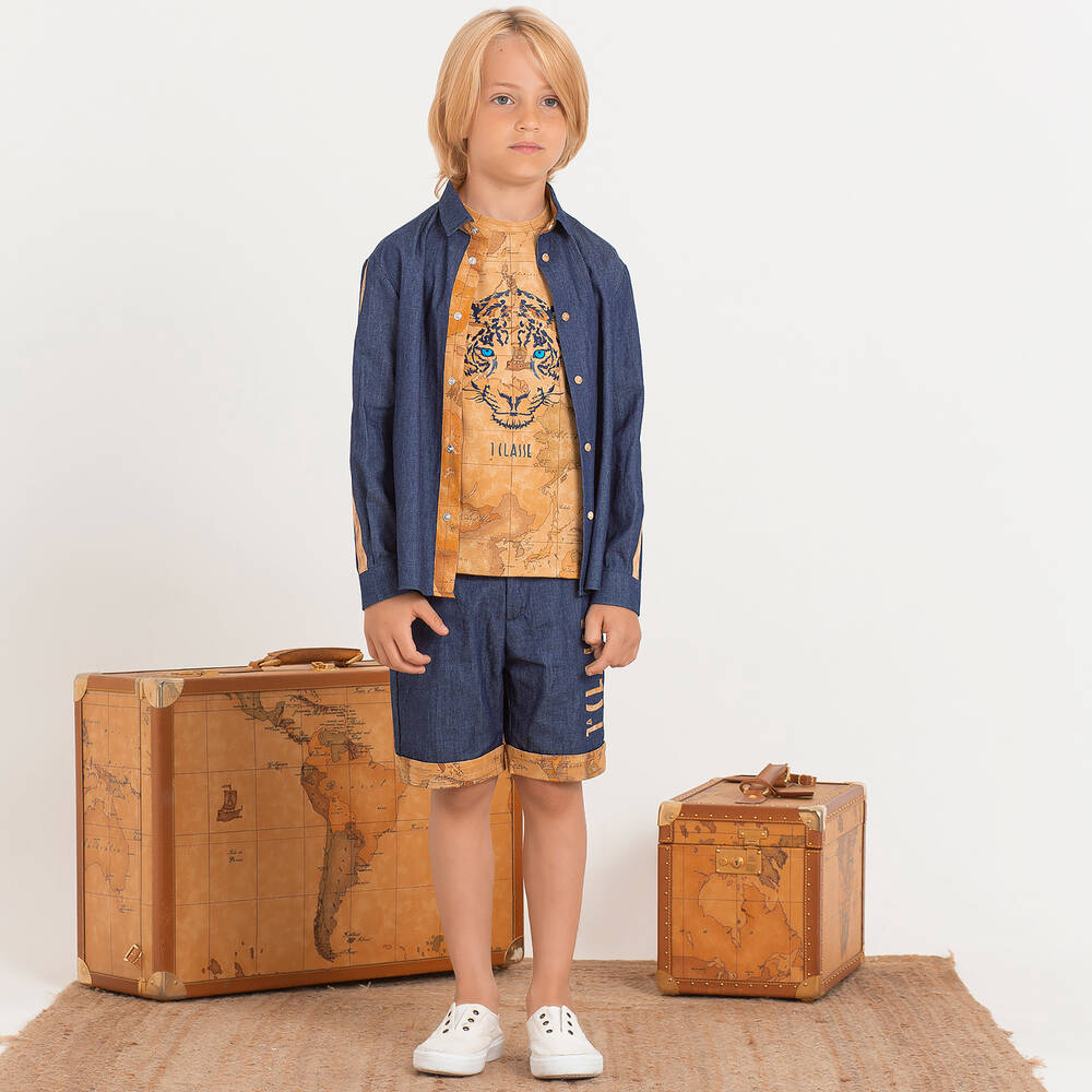 Alviero Martini-Boys Beige Cotton Geo Map Tiger T-Shirt | Childrensalon Outlet