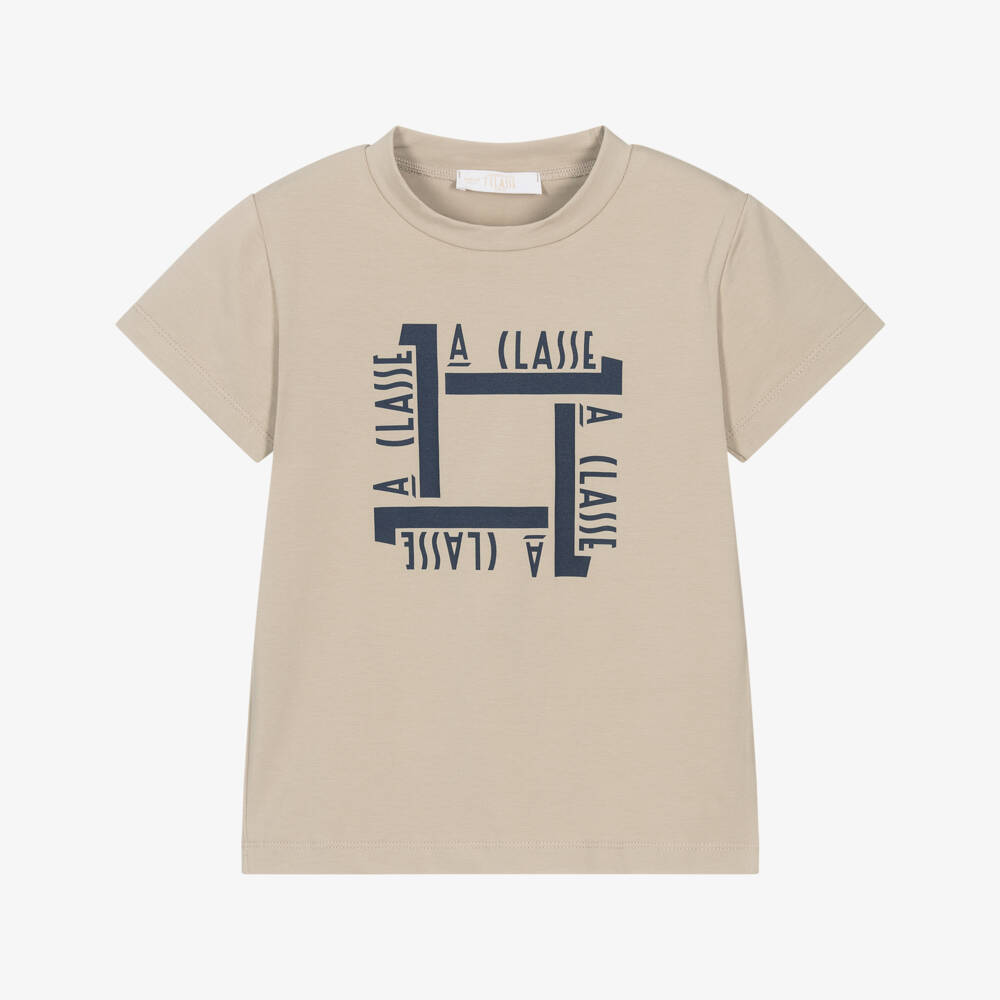 Alviero Martini-Boys Beige Cotton T-Shirt with 1A Classe Logos | Childrensalon Outlet