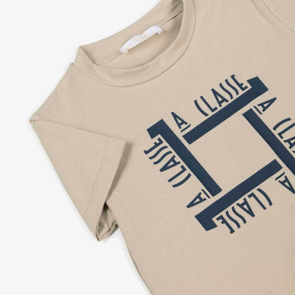 Alviero Martini-Boys Beige Cotton T-Shirt with 1A Classe Logos | Childrensalon Outlet