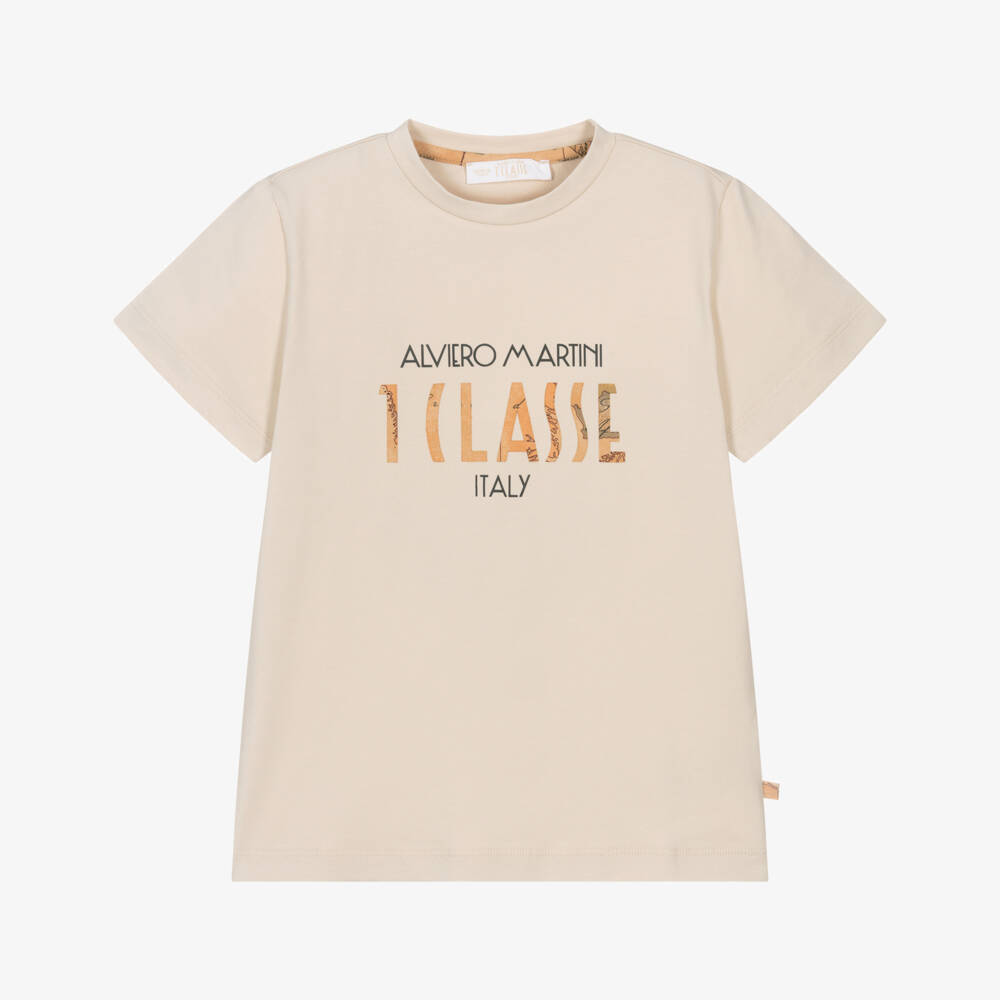 Alviero Martini-Boys Beige Cotton T-Shirt with Geo Map 1A Classe Logo | Childrensalon Outlet