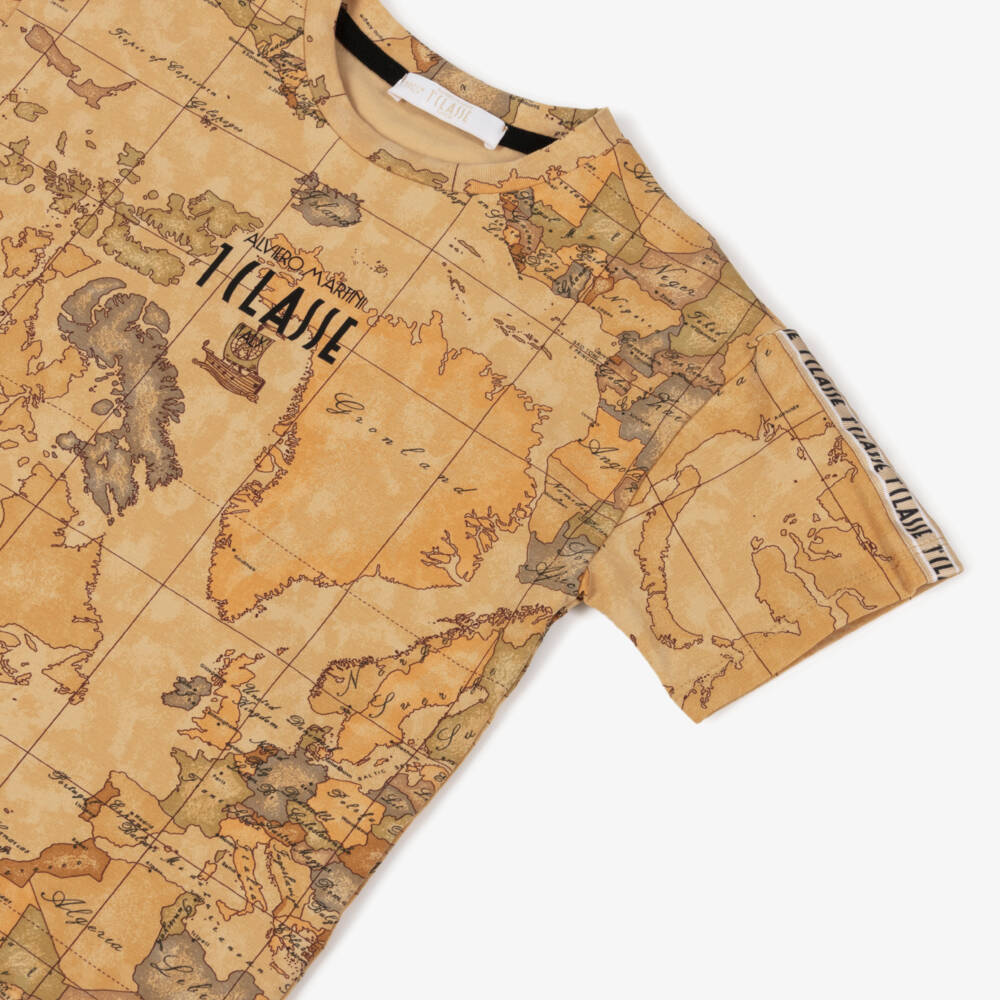 Alviero Martini-Boys Beige Geo Map Print Cotton T-Shirt | Childrensalon Outlet