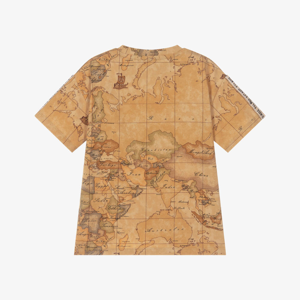 Alviero Martini-Boys Beige Geo Map Print Cotton T-Shirt | Childrensalon Outlet