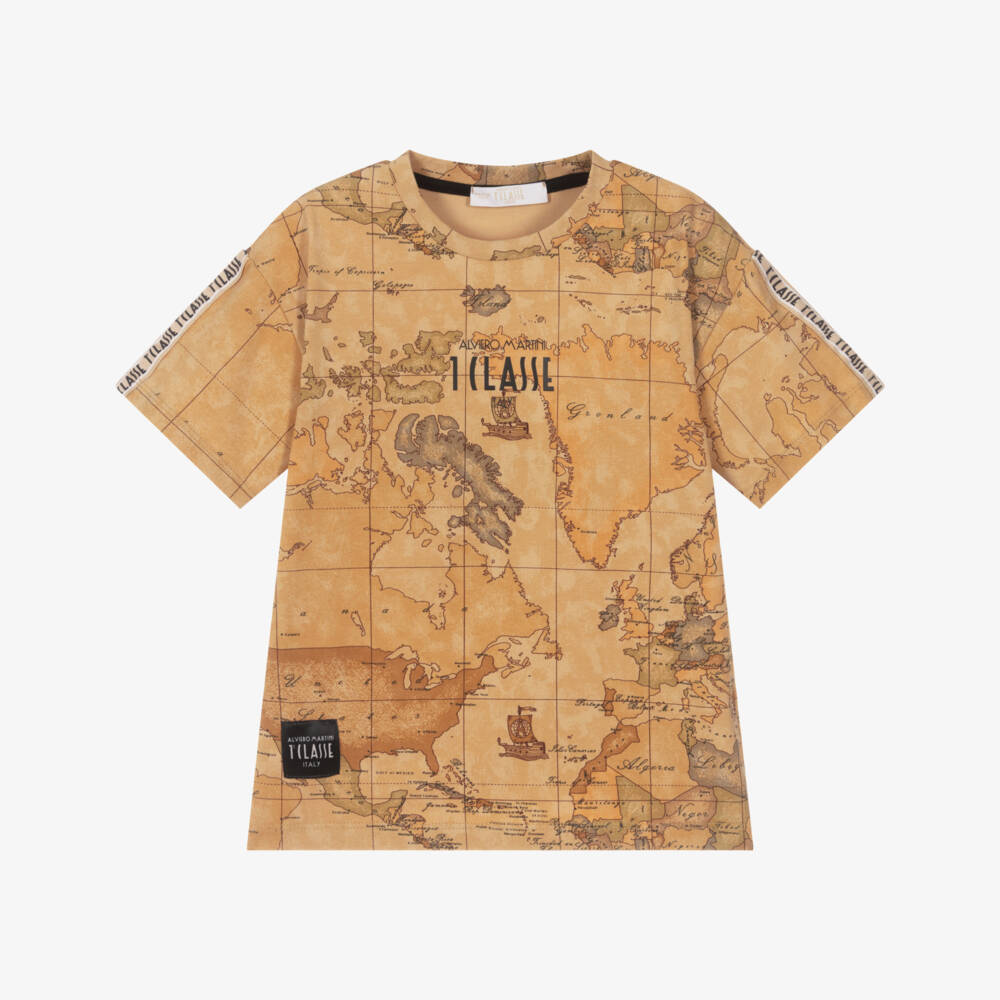 Alviero Martini-Boys Beige Geo Map Print Cotton T-Shirt | Childrensalon Outlet