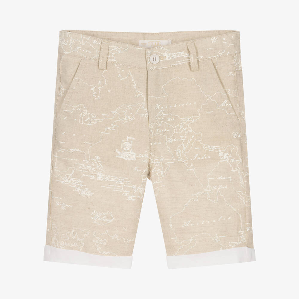 Alviero Martini - Boys Beige Linen Geo Map Print Shorts  | Childrensalon