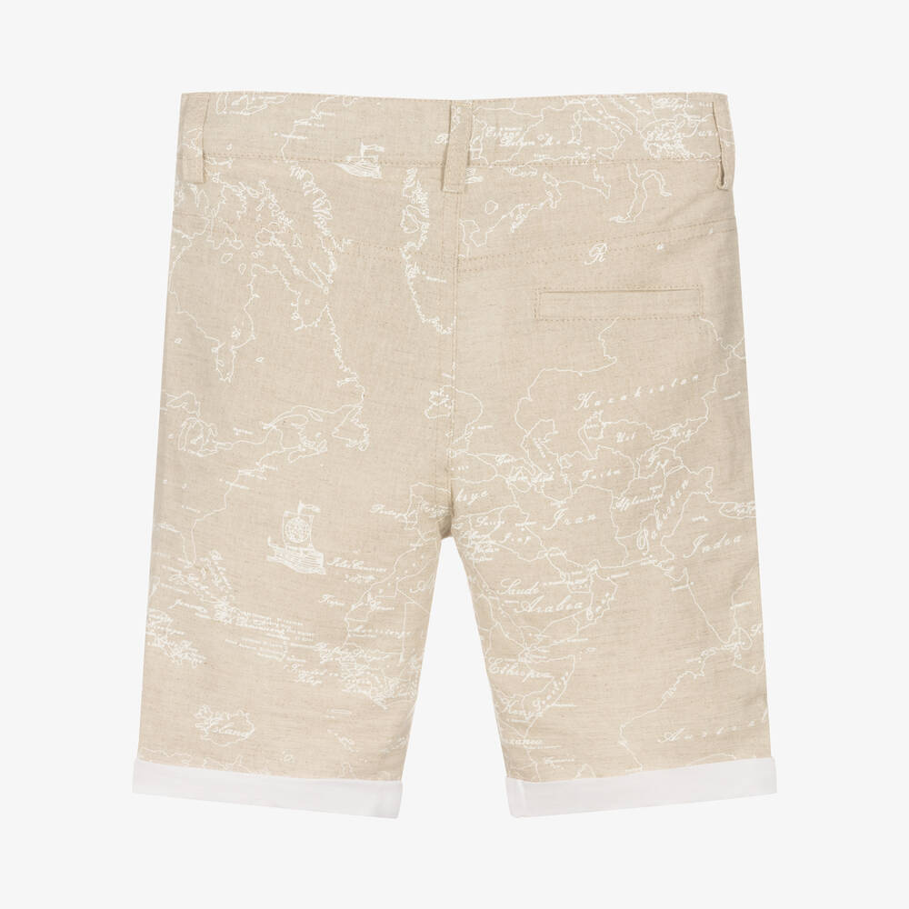 Alviero Martini-Boys Beige Linen Geo Map Print Shorts  | Childrensalon Outlet