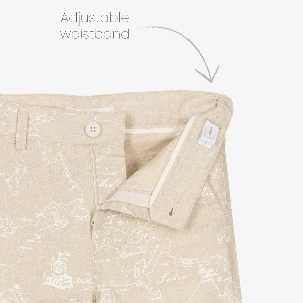 Alviero Martini-Boys Beige Linen Geo Map Print Shorts  | Childrensalon Outlet
