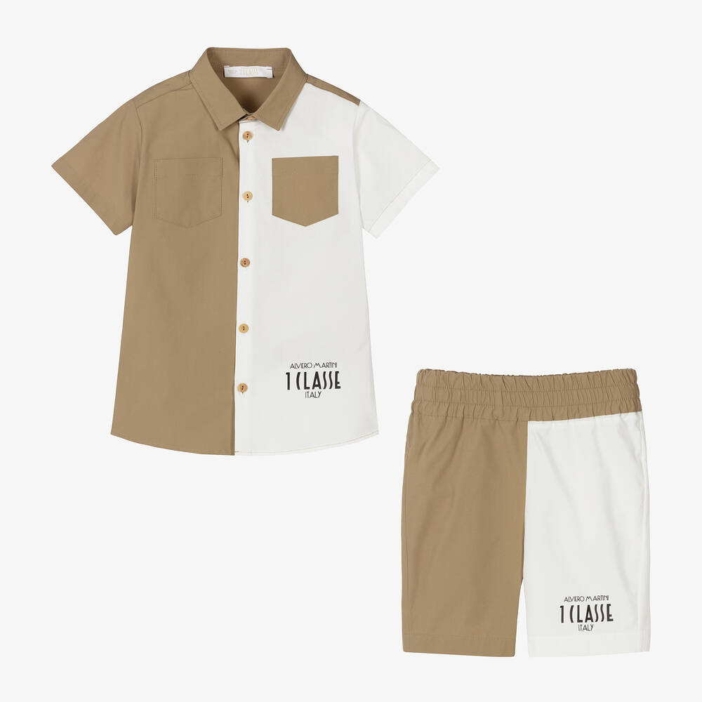 Alviero Martini-Бело-бежевая рубашка и шорты из хлопка для мальчиков | Childrensalon Outlet