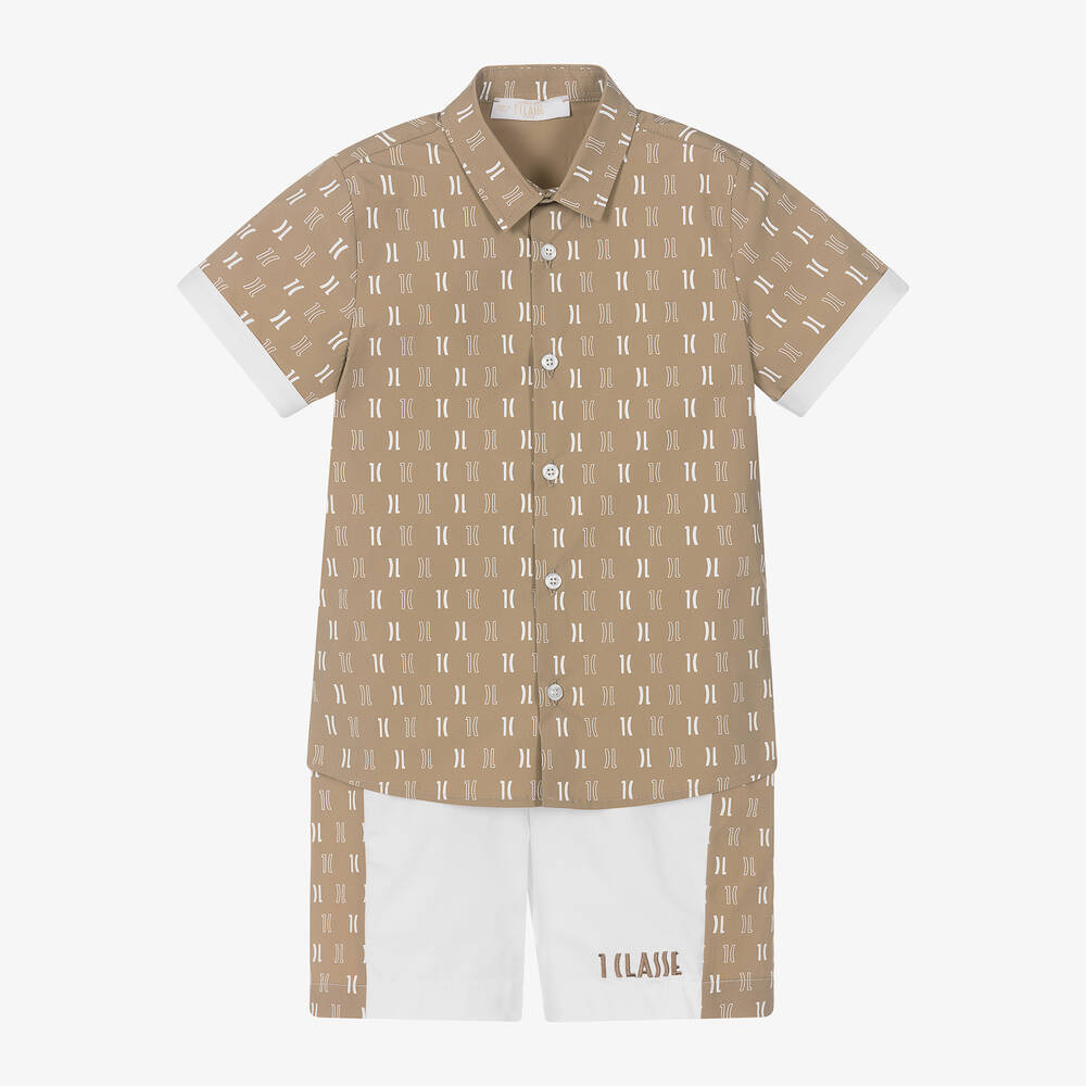 Alviero Martini-Boys Beige & White Cotton Shorts Set | Childrensalon Outlet
