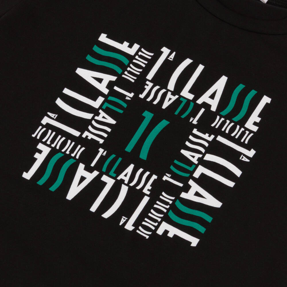Alviero Martini-Boys Black Cotton T-Shirt with 1st Classe Pattern | Childrensalon Outlet