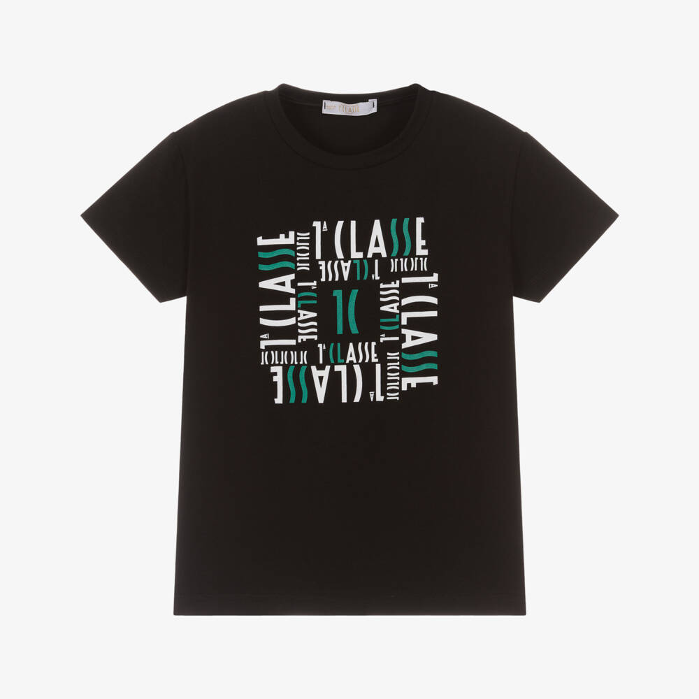 Alviero Martini-Boys Black Cotton T-Shirt with 1st Classe Pattern | Childrensalon Outlet