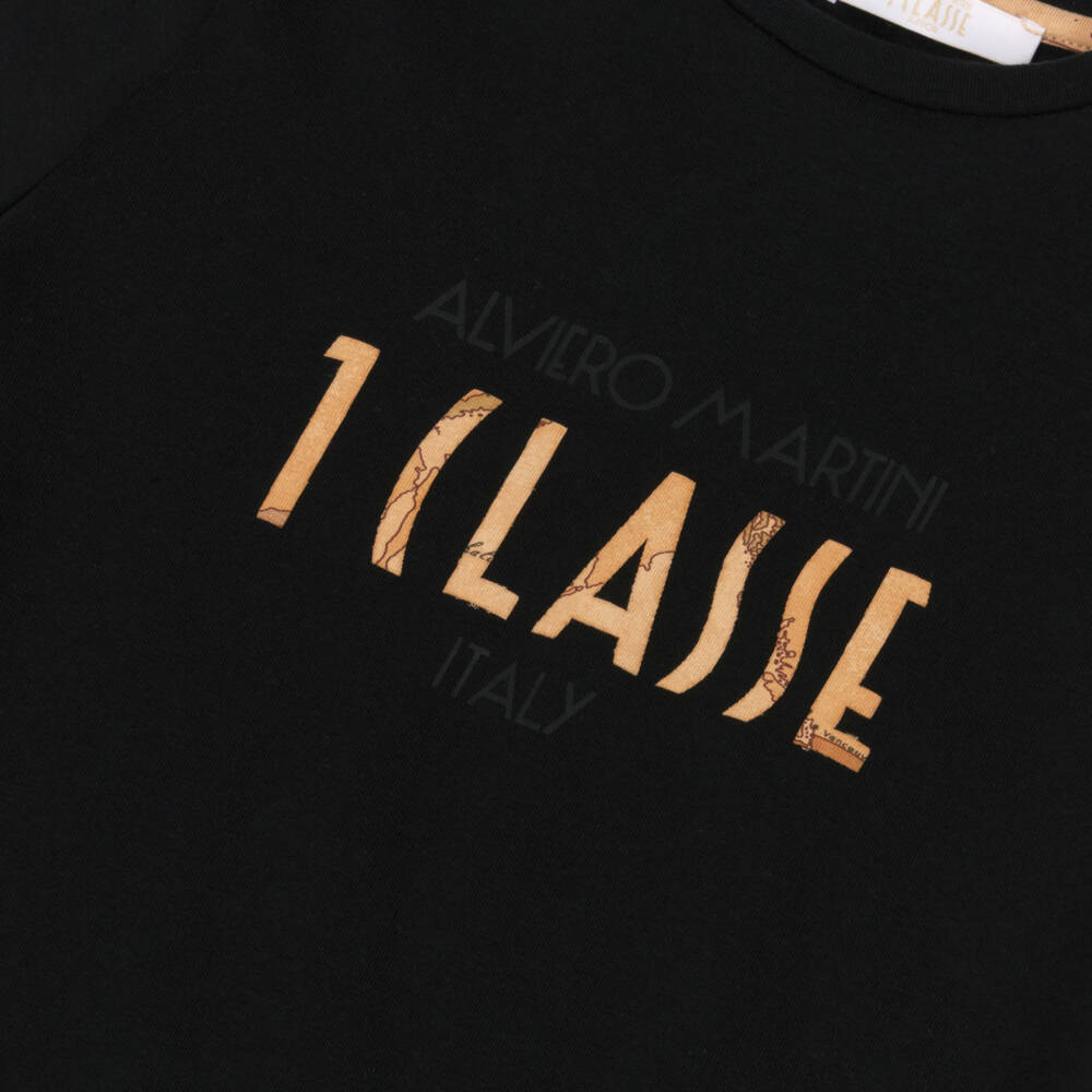 Alviero Martini-Boys Black Cotton T-Shirt with Geo Map Logo  | Childrensalon Outlet
