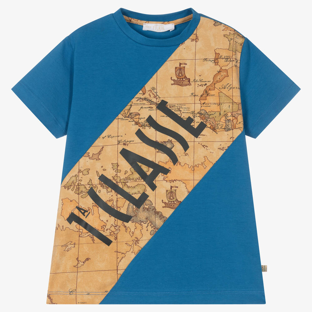 Alviero Martini - T-shirt coton bleu et beige Geo Map | Childrensalon