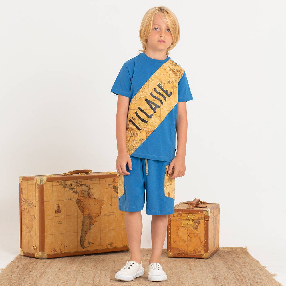 Alviero Martini-Boys Blue & Beige Cotton Geo Map T-Shirt | Childrensalon Outlet