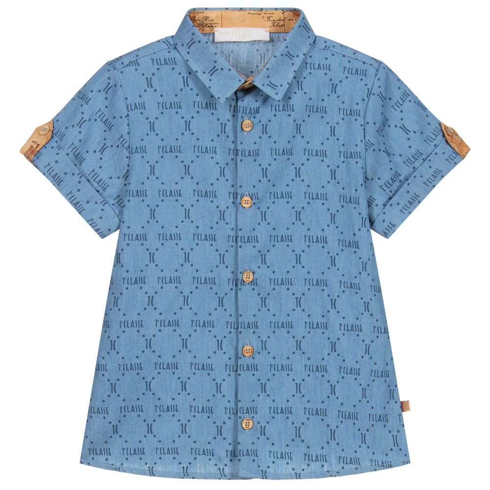 Alviero Martini - Boys Blue Chambray Logo Shirt | Childrensalon