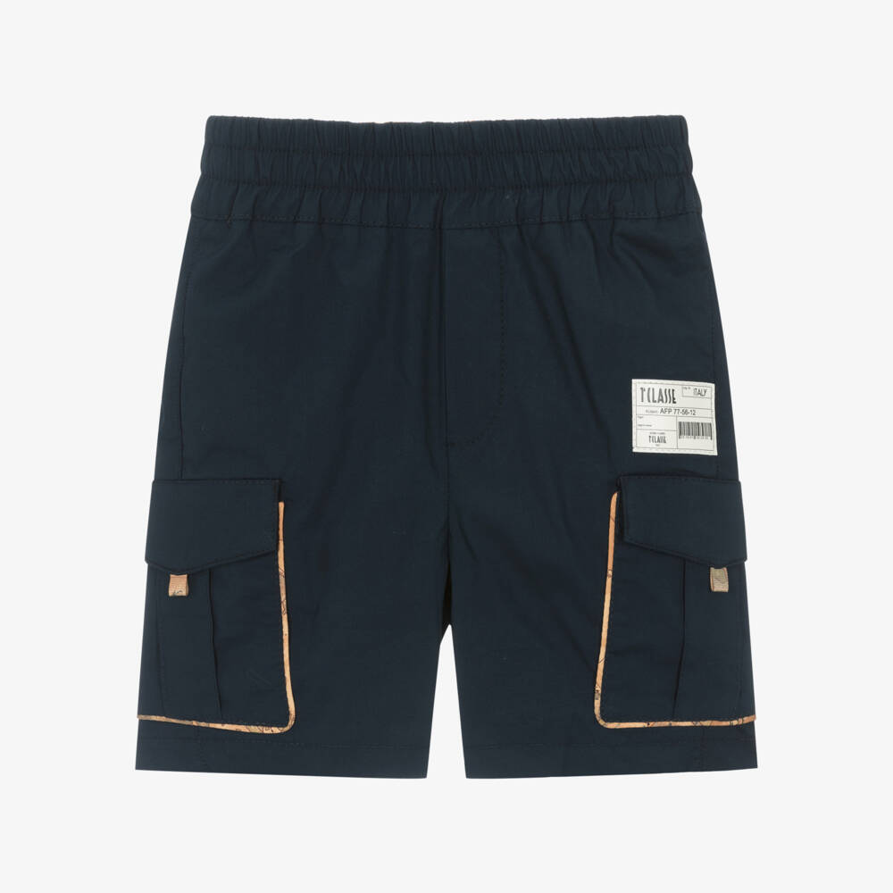 Alviero Martini-Boys Blue Cotton Cargo Geo Shorts | Childrensalon Outlet