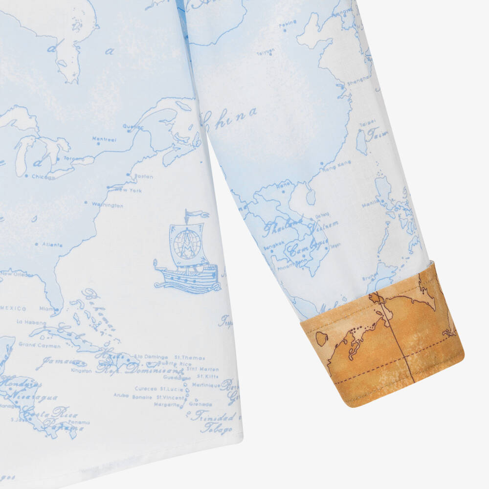 Alviero Martini-Boys Blue & White Cotton Geo Map Shirt | Childrensalon Outlet