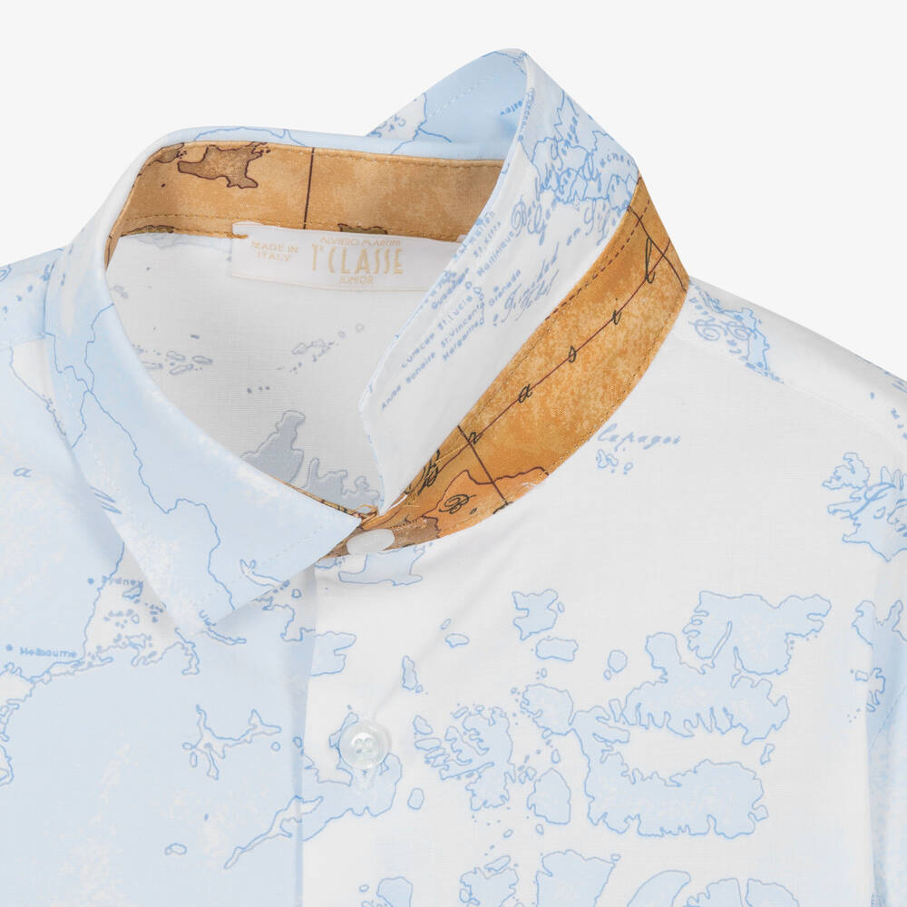 Alviero Martini-Boys Blue & White Cotton Geo Map Shirt | Childrensalon Outlet