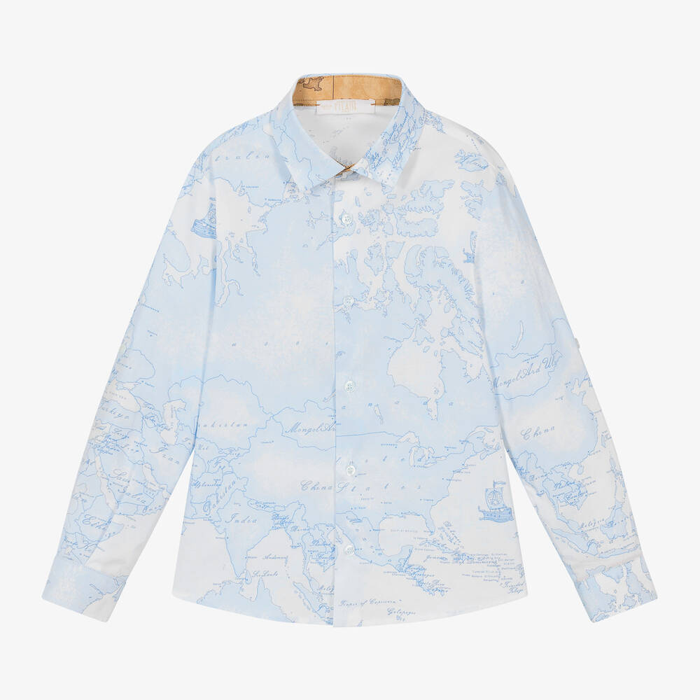Alviero Martini-Boys Blue & White Cotton Geo Map Shirt | Childrensalon Outlet