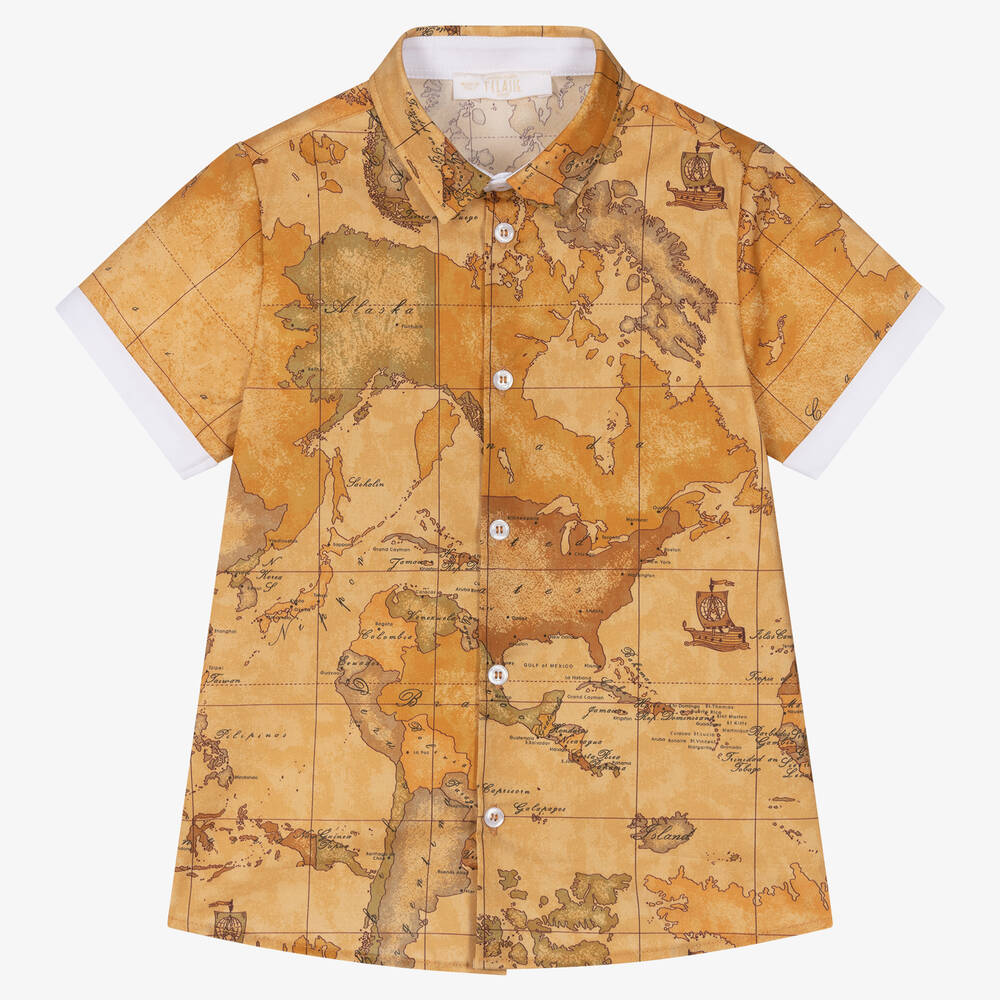 Alviero Martini - Boys Dark Beige Cotton Geo Map Shirt | Childrensalon