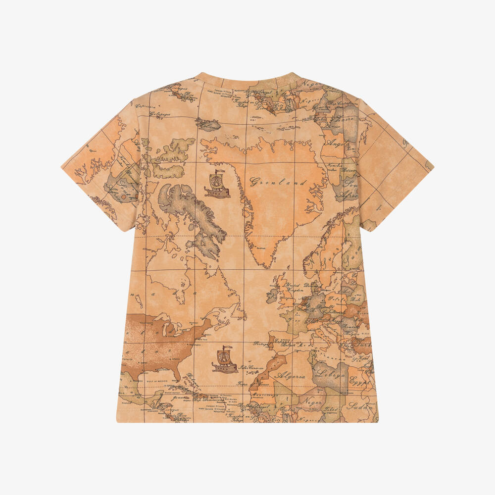 Alviero Martini-Boys Dark Beige Geo Map Cotton T-Shirt | Childrensalon Outlet