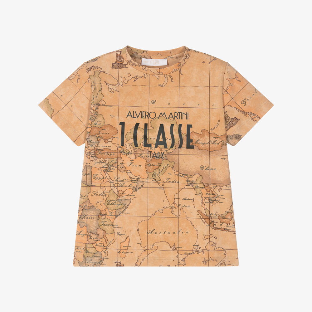Alviero Martini-Boys Dark Beige Geo Map Cotton T-Shirt | Childrensalon Outlet