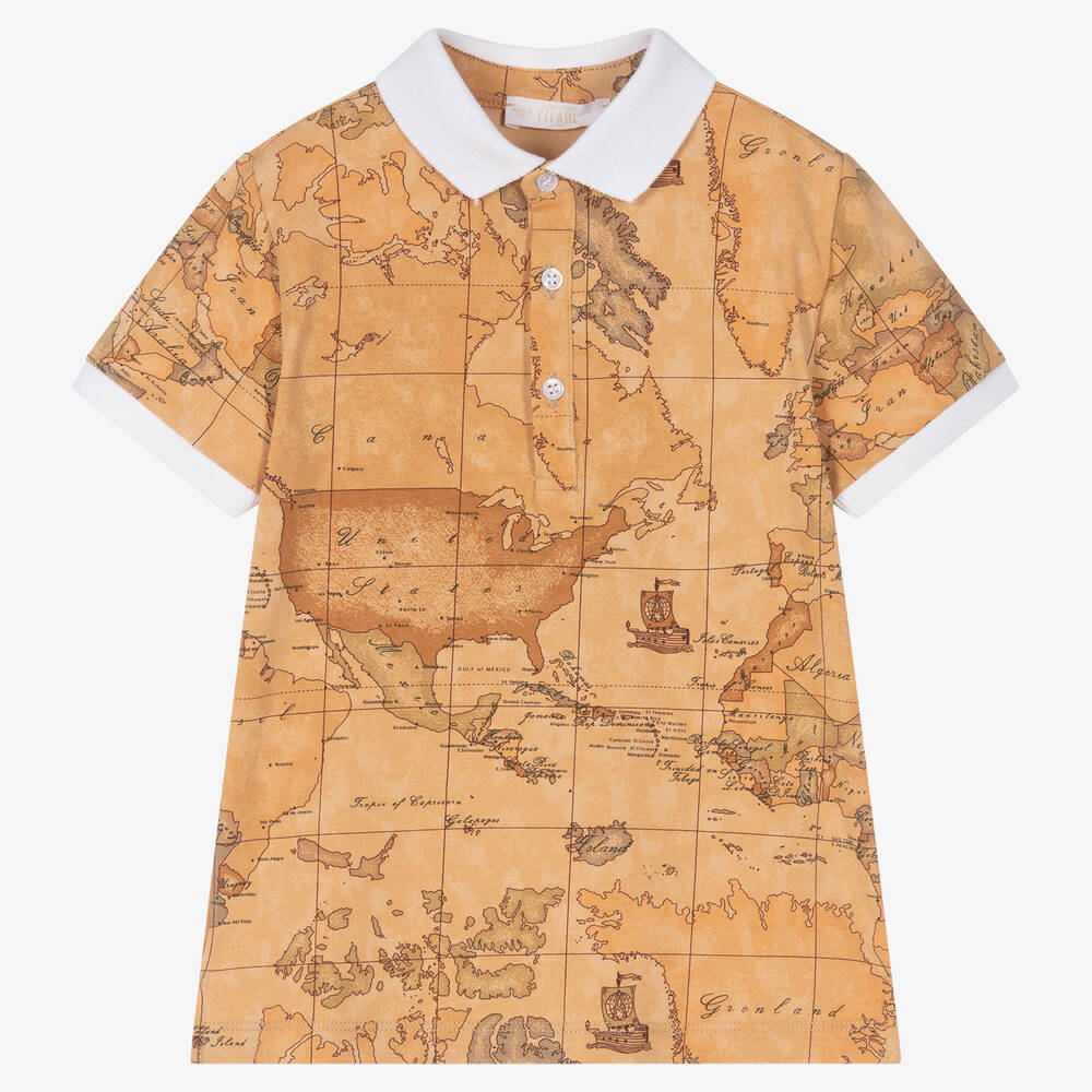 Alviero Martini - Boys Dark Beige Geo Map Polo Shirt | Childrensalon
