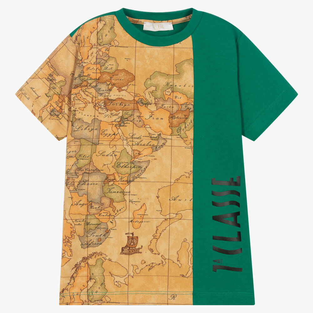 Alviero Martini - Зелено-бежевая хлопковая футболка с картой мира | Childrensalon