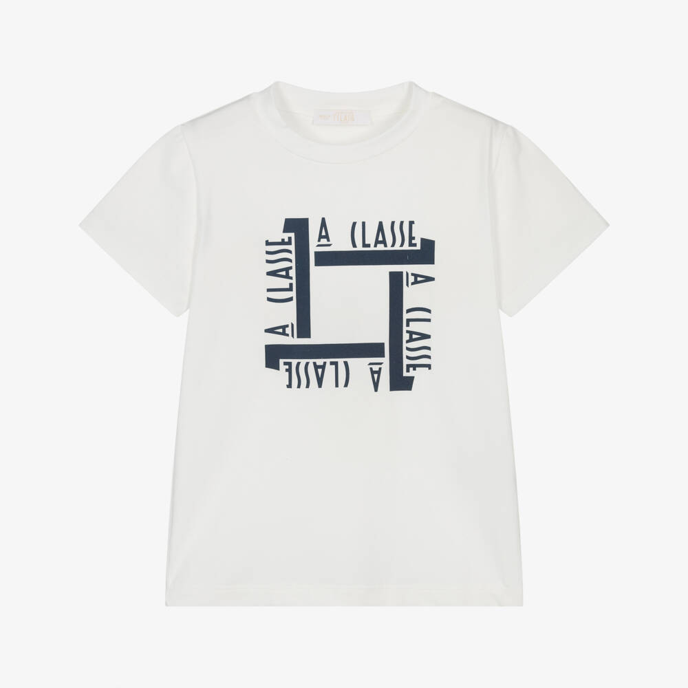 Alviero Martini-Boys Ivory Cotton T-Shirt with 1A Classe Logos | Childrensalon Outlet