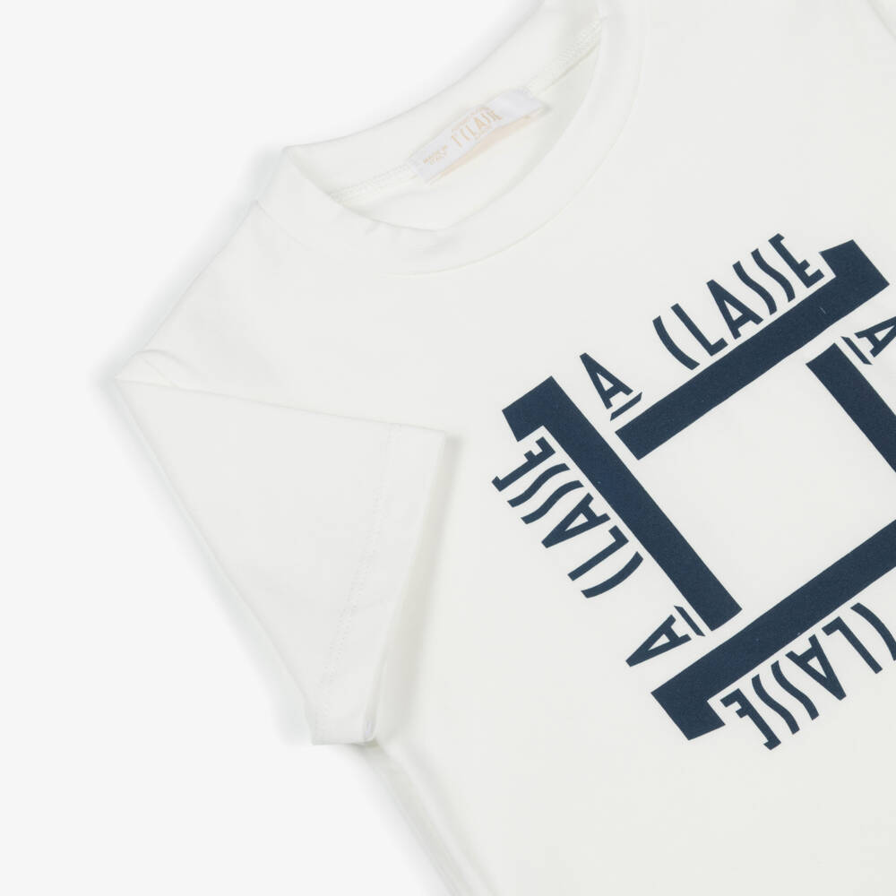Alviero Martini-Boys Ivory Cotton T-Shirt with 1A Classe Logos | Childrensalon Outlet