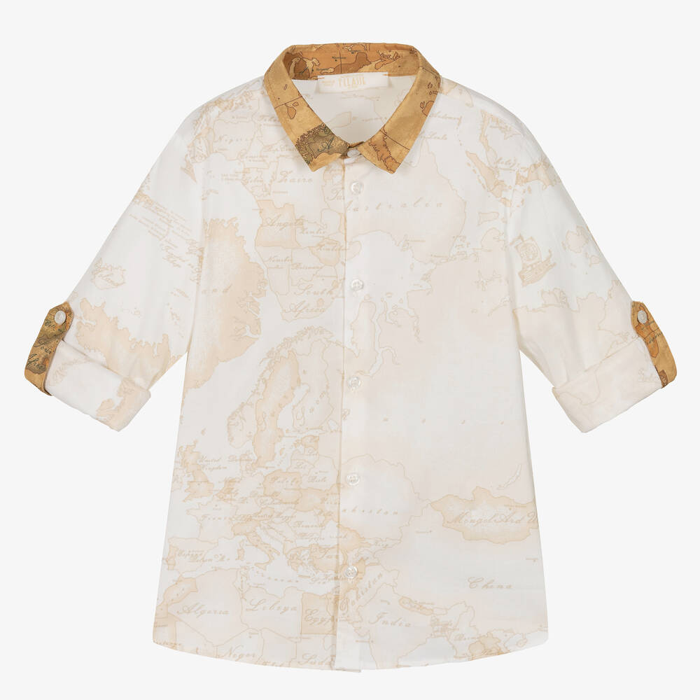 Alviero Martini - Boys Light Beige Cotton Geo Map Shirt | Childrensalon