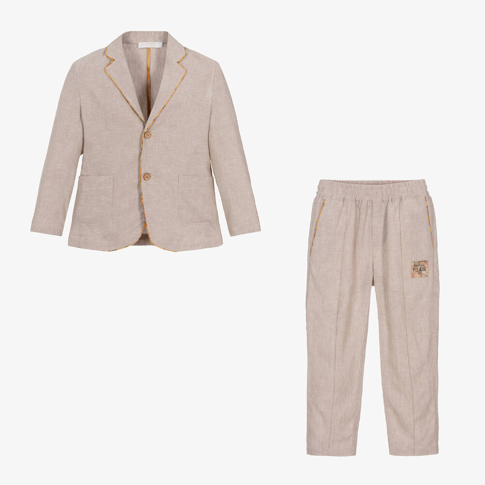 Alviero Martini-Boys Light Beige Geo Map Linen Suit | Childrensalon Outlet