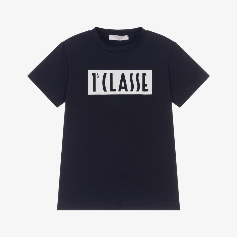 Alviero Martini-Boys Navy Blue 1st Classe Logo Cotton T-Shirt | Childrensalon Outlet