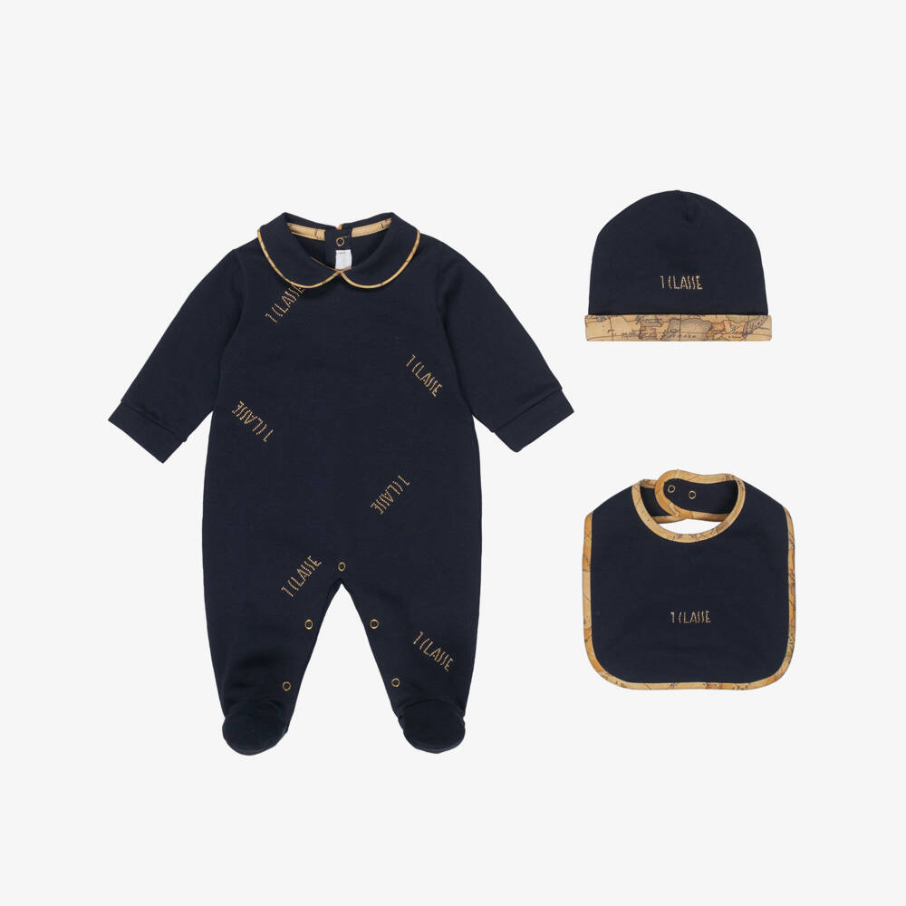 Alviero Martini-Boys Navy Blue Cotton Babygrow Set with Geo Trim | Childrensalon Outlet