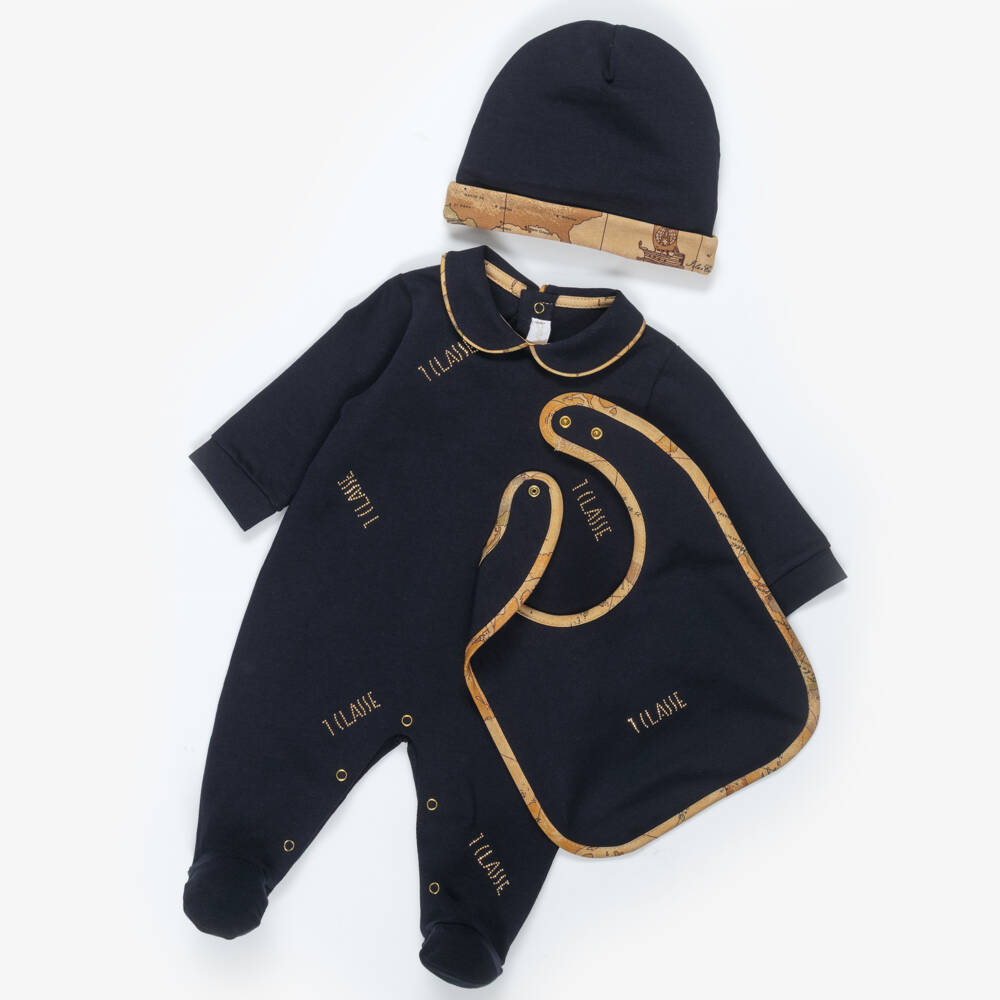 Alviero Martini-Boys Navy Blue Cotton Babygrow Set with Geo Trim | Childrensalon Outlet
