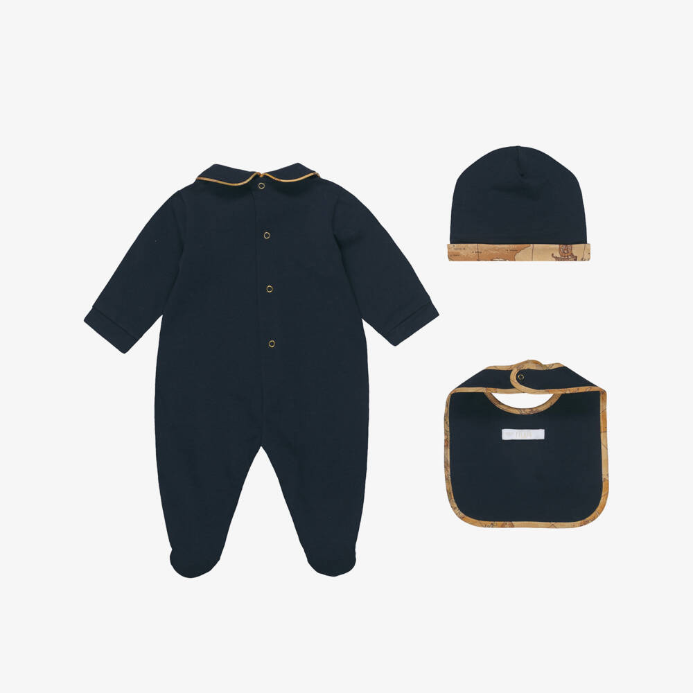 Alviero Martini-Boys Navy Blue Cotton Babygrow Set with Geo Trim | Childrensalon Outlet